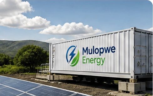 Mulopwe Energy containerised equipment beside a solar array