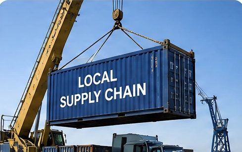 Crane lifting a shipping container labelled local supply chain at a port