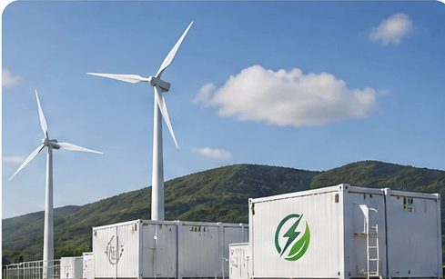 Wind turbines behind containerised power equipment