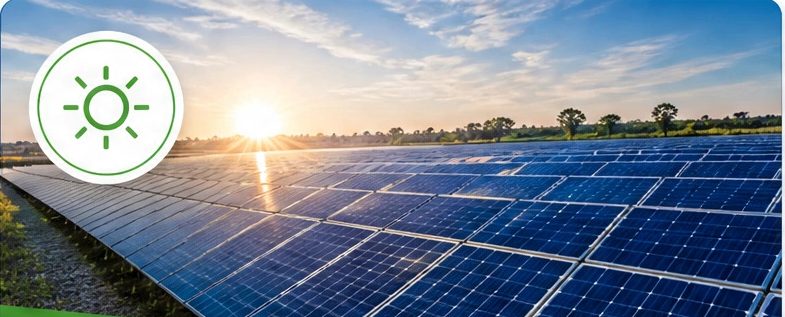 Solar panel field at sunrise
