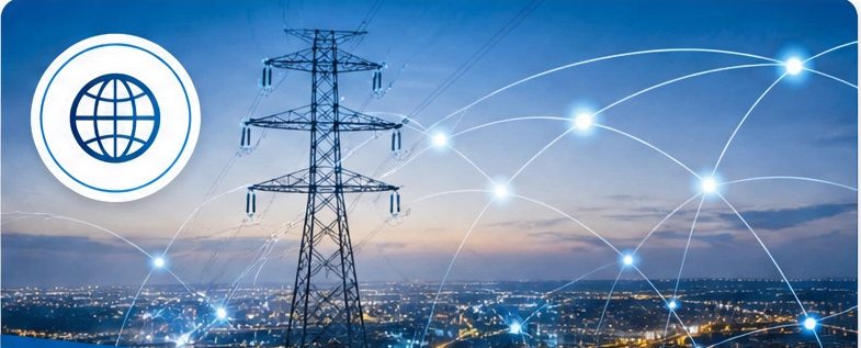 Transmission tower over a city at night with a connected-network motif