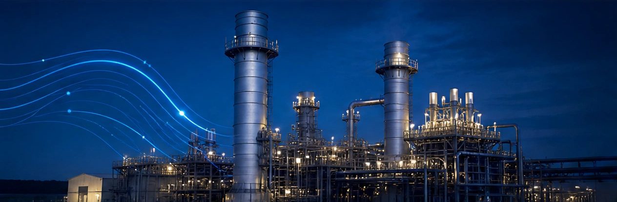 Gas-fired power plant illuminated at night
