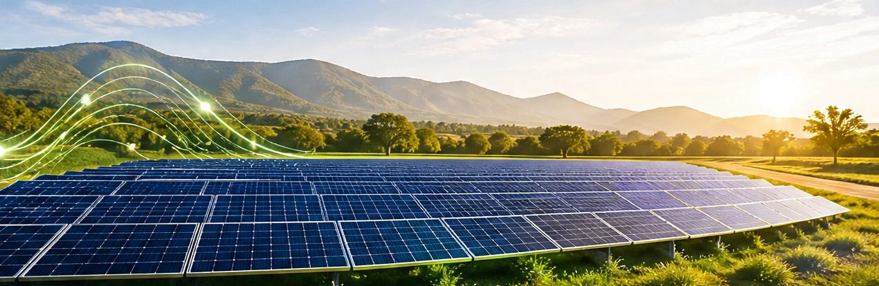 Utility-scale solar farm in a green valley at golden hour
